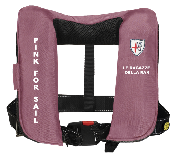 Giubbotto di salvataggio rosa “Pink for Sail” personalizzato per Le Ragazze della RAN, prodotto di sicurezza di Veleria San Giorgio.